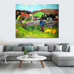 Hand Painted Canvas Art Bretoni Landscape with Schweinehirt Paul Gauguin Paintings Countryside Landscape Artwork Home Decor