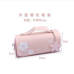 Bags 4 pcs/lot Kawaii PU Leather Pencil Bag Large Capacity Sakura Pendant Pencil Case for School Girl Stationery Pouch School Supply