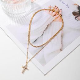 Chains Double Layer Cross Necklace Zircon Inlay Wear-resistant Dress Up Jewellery Accessory Romantic For Everyday Life