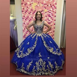 Royal Blue Princess Quinceanera 드레스 금 레이스 아플리케 구슬로 된 V 목록 슬리빙 긴 무도회 달콤한 드레스 사용자 정의 Made Made vestido de anos