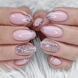 False Nails 24Pcs Short Round Head Glitter Pink Almond Fake French Full Cover Press On Wearable Nail Tips Manicure