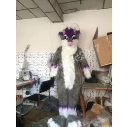 Long Fur Grey Fur Coat Husky Fox Dog Mascot Costumes Halloween Women's Clothing Fur High-grade Dress Suit Xmas Easter Ad Clothes