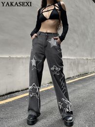 Parkas Yakasexi 2022 Y2k Ripped Star Retro Jeans Woman Grunge Star Patches Denim Pants Low Waist Vintage Straight Streetwear Joggers