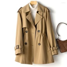 Women's Trench Coats Solid Women Autumn Vintage 2023 Turn-Dwon Long-Sleeved Belt Double Breasted Straight Elegant Office Lady Outwear