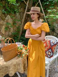 Casual Dresses French First Love Sweet Shirt Skirt With Waist Wrapped And Thin Square Neck Bubble Sleeves Yellow Dress