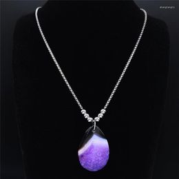 Pendant Necklaces Purple Water Drop Natural Btone Stainless Steel Women/Men Silver Color Long Bead Jewelry Bijoux Femme NXS04