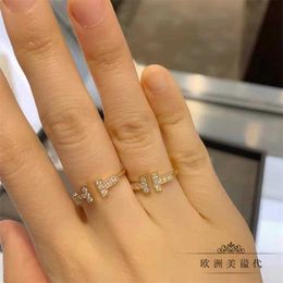 Brand charm Double t ring TFF white Fritillaria with diamond opening cold wind ins V gold plated rose index finger With logo