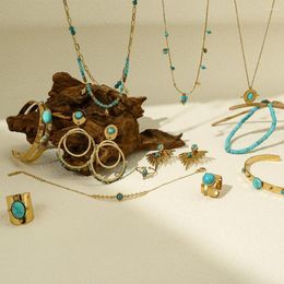 Chains 14K Gold Plated Stainless Steel Natural Blue Stone Necklace Earrings Rings Titanium Women Turquoise Jewelry Set