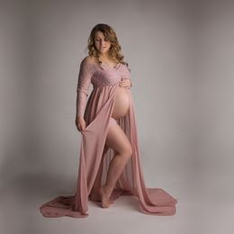 Maternity Dresses Dusty Pink Long Chiffon Maternity Pography Dress Sweet Heart Maternity Lace Dresses For Po Shoot Slit Open Pregnancy Dress 230628