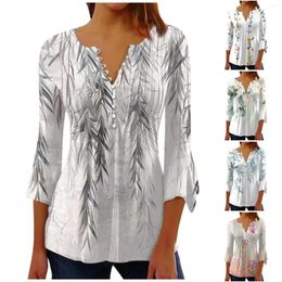 Women's T Shirts Button Up Printed Tunic Summer Tops Dressy Casual Flared Pants Cropped Sleeves Spring Blusa Feminina