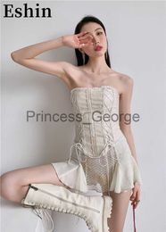 Party Dresses Eshin 2023 Summer New Bandage Corset Top Cross Backless Tube Beige Bustiers Trendy Vintage Fashion Women Clothes TH1619 x0629