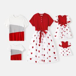 Family Matching Outfits PatPat Short sleeve Cotton Ribbed Colorblock T shirts and Allover Heart Embroidered Mesh Spliced Dresses Sets 230628