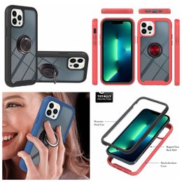 Metal Finger Ring 360 Shockproof Cases For Iphone 15 14 Pro Max Plus 13 2in1 Hybrid Layer Hard PC TPU Bumper Frame Holder Kickstand Clear Black Blue Red Front Back Cover