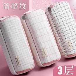 Bags Pencil Bag Stationary Kawaii Multi Compartments Pencil Case 3 Zippers Pencil Pouch Bag Square Grid Cosmetic Bags Organiser
