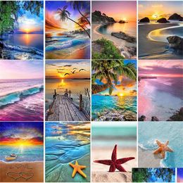 Diamond Painting 5D Kits Beach Scene Fl Drill Round Diamonds Crystal Gem For Home Wall Decoration 12X16Inch Drop Delivery Garden Arts Dhrwy