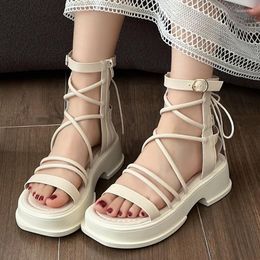Сандалии, модные женские сандалии на платформе с ремешком на щиколотке, брендовая дизайнерская обувь-гладиатор с перекрестной шнуровкой, женская летняя толстая подошва в римском стиле Sandalias Mujer