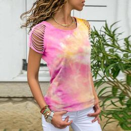 Women's T Shirts 2023 European And American Cross Border Tie Dye Hole Burn Flower Off Shoulder Short Sleeve T-Shirt