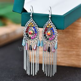 Luxury Multicolor Bohemian Crystal Chain Tassel Drop Earrings For Women Waterdrop Wedding Bride Dangle Earrings Fashion Jewellery