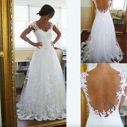 2023 New Custom Made Backless Wedding Dresses Cap Sleeve A-Line Applique Sweep Train Scoop Neckline Lace Wedding Gowns