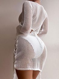 Women's Swimwear ZJLJAYCHOU Swimsuit Women Cover Up Crochet Hollow Out Swim Bikini Knit Mesh Pullover Beach Dress (White 005