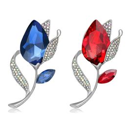 Women's Luxury Blue Crystal Tulip Flower Brooch Jewelry For Banquet Party Corsage Fashion Plant Floral Pin Accessory Lady Badges