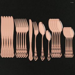 Dinnerware Sets Vintage Western Mirror Rose Gold Cutlery Tableware Set 24Pcs Dining Flatware Knife Fork Spoon Luxury Engraving