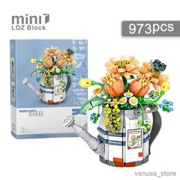 Blocks Mini Watering Can Potted Building Blocks Flower Plant Bonsai Bouquet Model Home Decoration Children's Assembled Toy Gift R230629