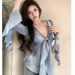 Women's T Shirts 2023 Summer For Women Tie-dye Tops Vintage Korean Retro High Street Ruffles Shirt Streetwear Tee