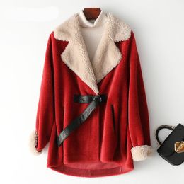 Winter Real Fur For Women Australian Wool Coats Thick Warm Elegant Loose Large Size Long Outwear Christmas Style Coat For