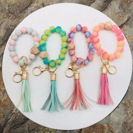Handmade stretched spring rainbow silicone beads bangle keychains pu leather tassel wristlet bracelet keyrings for 2022 LL