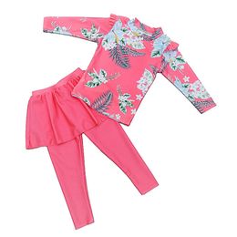 Swim wear Girl Two Pieces Suit 2-11 Year Children Long Seve Skirt Swimsuit 2023 Kid Cute Flower Print Swimwear Baby Bathing Suit HKD230628