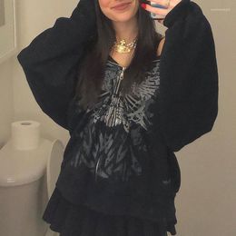 Women's Hoodies Harajuku Dark Academia Graphics Print E Girl Gothic Grunge Zip Up Sweatshirt Autumn Full Sleeve Loose Coats Outwear