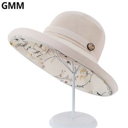 Summer Wide Brim Flowers Sun Bucket Hats for Women Hollow Mesh UV Protection Beach Hat Female Net Top Foldable Sunscreen Cap