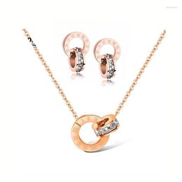 Necklace Earrings Set Mosaic CZ Crystal Double Circle Pendant & Stud Stainless Steel Wedding For Women SE002