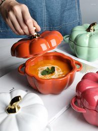 Bowls Lovely Pumpkin Bowl With Lid Household Creative Ceramic Soup Stewing Baking Dessert And Fruit Cute