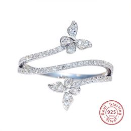 With Side Stones Fashion Double Butterfly Ring for Women Silver Clear Zircon Lab Diamond Wedding Engagement Gift Jewellery Wholesale 230629