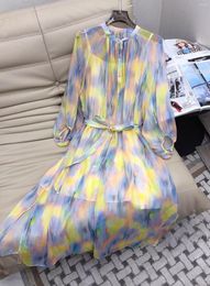 Casual Dresses 2023 Women Fashion Long Sleeve Crew Neck Belt Gradual Change Colour Silk Dress 0529