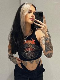 Women's Tanks Black Summer Tank Tops For Women Streetwear Aesthetic Harajuku Beautiful Blouses Sleeveless Super Short Printing Design