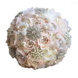 Decorative Flowers Bride Wedding Rhinestone Satin Ribbon Rose Flower Pearls Bouquet De Mariage Holding Valentine's Day Accessories