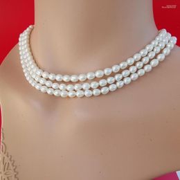 Chains Three Layered Natural Pearl Necklace Freshwater Short Rice Shape Cultured Multi Layer