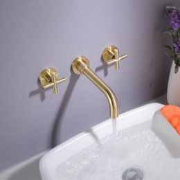 Bathroom Sink Faucets Wall Mounted Brass Basin Faucet In-Wall Mixer Tap Cold Water Brushed Gold White Rose