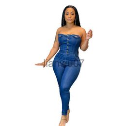 Women's Jumpsuits Rompers Sexy Casual Strapless Cotton Bodycon Jean One Piece Long Jumpsuit 2022 Denim Playsuit Women Jeans Woman Romper Overalls J230629