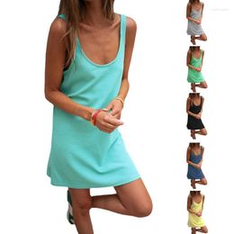 Casual Dresses F42F Women Low Cut U-Neck Sleeveless Backless Waffle-Knit Solid Colour Mini Dress