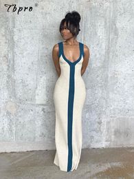 Basic Casual Dresse Fashion Contrast Stripe Dress V Neck Sleeveless Long 2023 Summer Female Chic Backless Knit Maxi Vestidos 230629