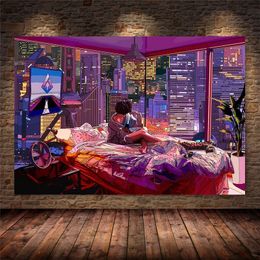 Nacht Neon Stadt Straße Leinwand Malerei Poster 80er Jahre Illustration Fantasy Auto AE86 Anime Kunst Wandbilder für Jungen Spielzimmer Dekor Home Decor Kein Rahmen w06
