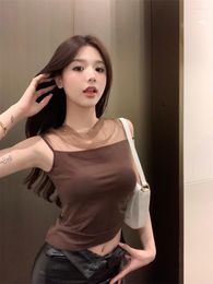 Women's Tanks 2023SS Summer Sexy Women Sheer Mesh Patchwork Vest Female Chic Casual Tank Tops Tee 2 Color Ddxgz2 4.19