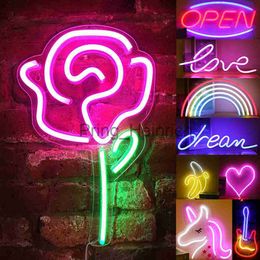 Other Home Decor USB Rose Flower LED Neon Sign with Acrylic Back Panel Bedroom Decor Wall Sign Cool Light Party Holiday Neon Light Hanging Lamp J230629