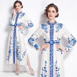Casual Dresses 2023 Spring Fashion Dress Porcelain Flower Print For Women Clothing Breasted Belt Vintage Long Sleeve