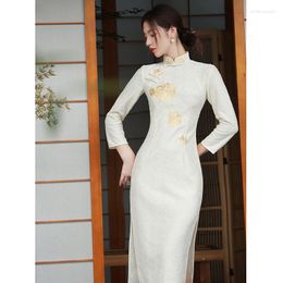 Ethnic Clothing Beige Lace Chinese National Cheongsam Summer Embroidery Elegant Vintage Dress Women Long Sleeve Fashion Qipao