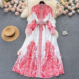 Casual Dresses French Vintage Court Stand-up Collar Single-breasted Thin A-line Print Maxi Dress Women Fashion Long Sleeve Party Vestidos